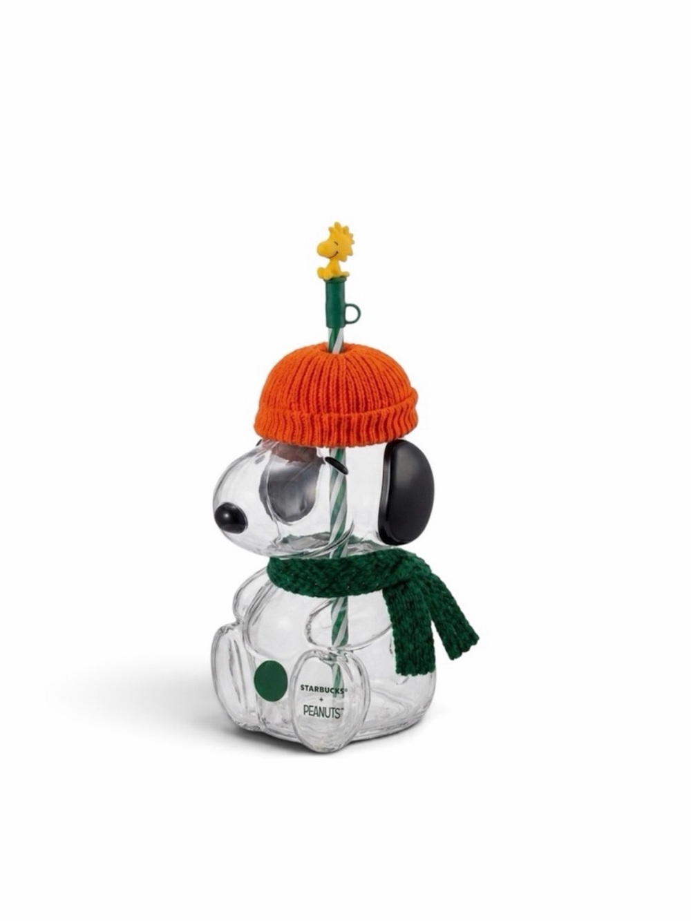 Starbucks Snoopy Glass Tumbler with Orange Hat and Green Scarf